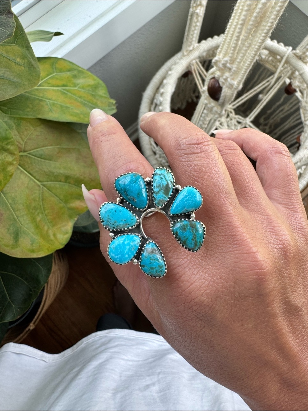 Turquoise Floral Cluster Statement Ring - Blue Turquoise